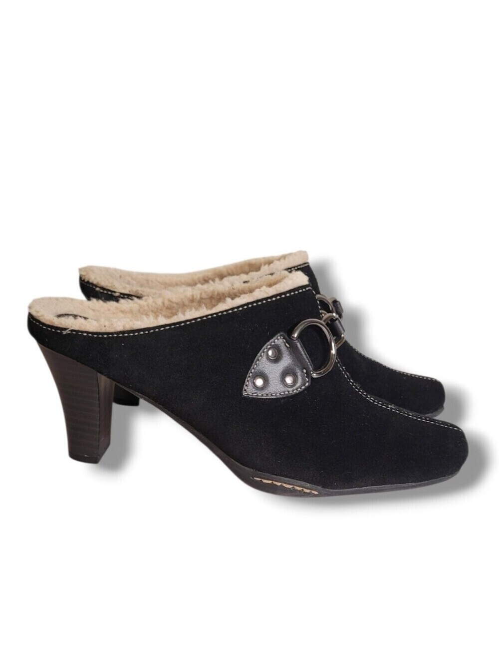 Aerosoles Cinch Black Suede Shearling Lined Mules Size 7